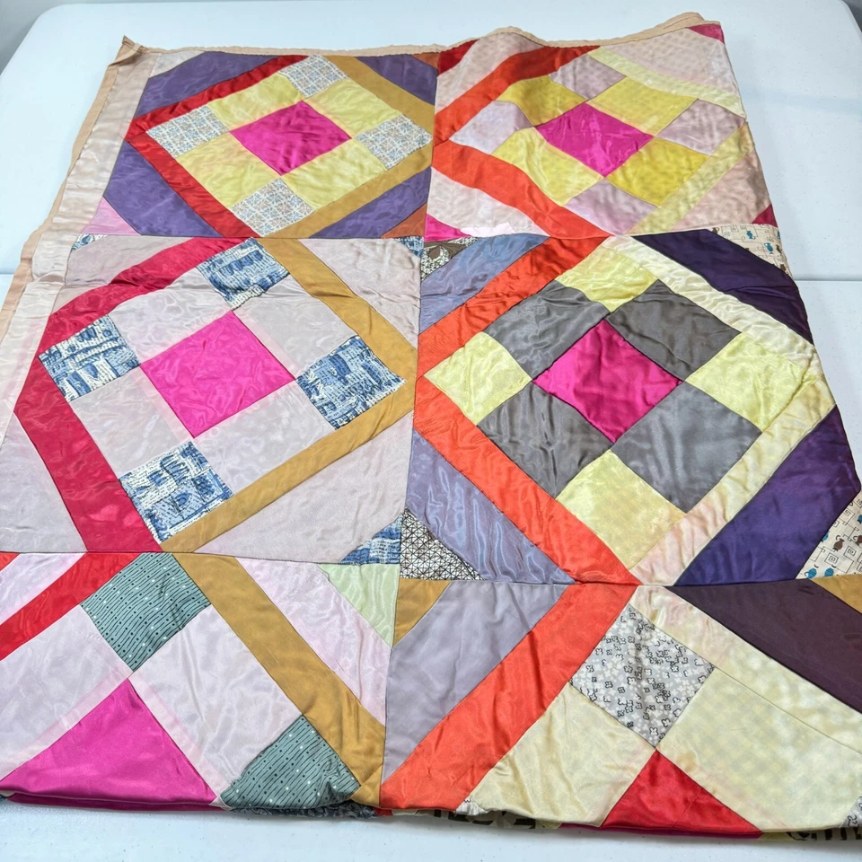 vintage handmade quilt twin stain silky diagonal 9 patch square rustic primitive - Image 4 of 4