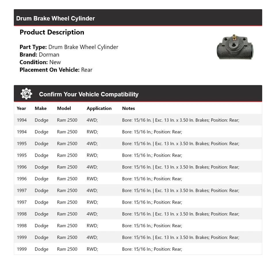 Cilindro trasero de rueda de freno de tambor para Dodge Ram 2500 Dorman 1994-1999 1995 1996 Foto 2 de 4