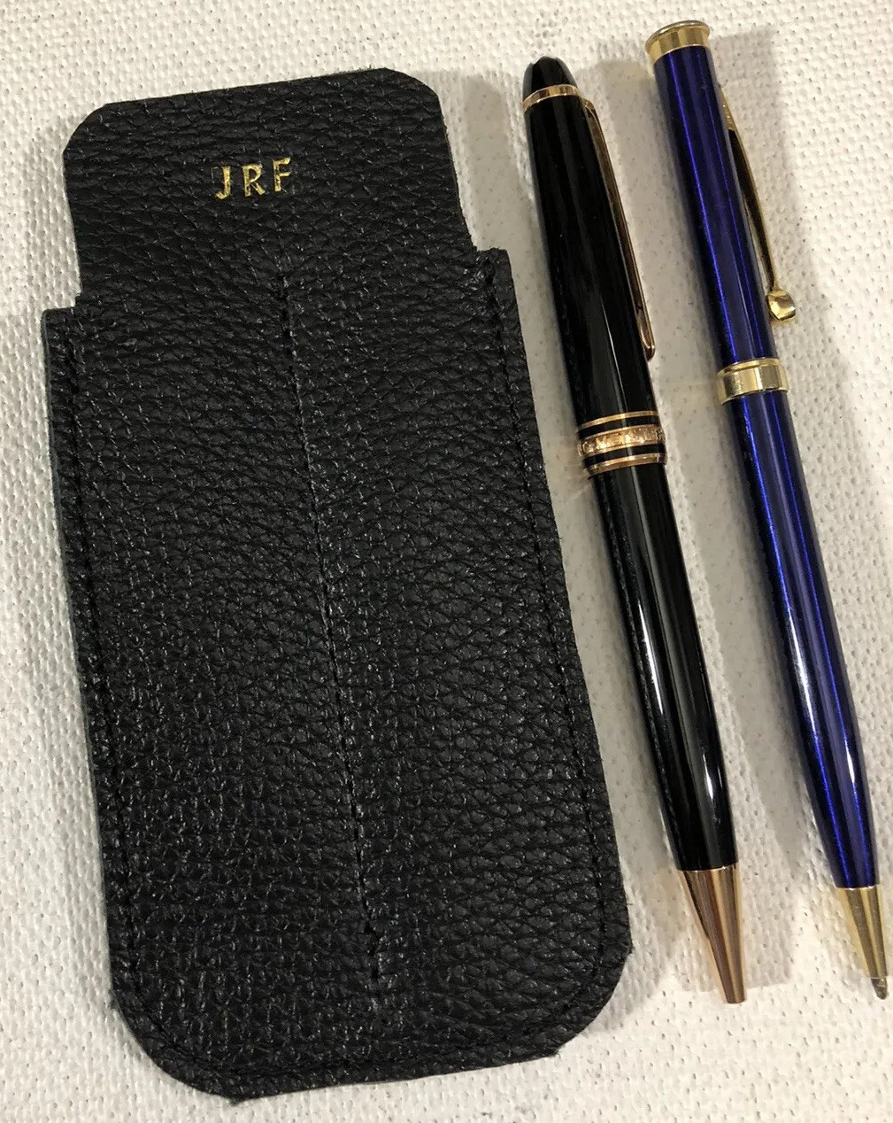 2 Pen Holder Sleeve Black Leather Personalize Initials for Mont Blanc