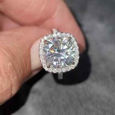 Image of 9mm Cushion Cut Moissanite Halo Engagement Jewelry Ring 14K White Gold Plated