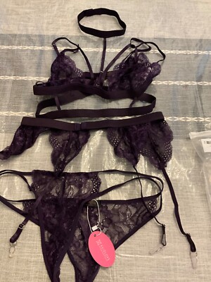 MEDIUM NWT AVIDLOVE PURPLE LINGERIE SET BRA THONG removable CHOKER GARTER  BELT | eBay