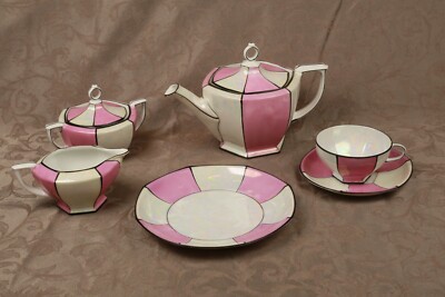 MZ Altrohlau Art Deco Tea Set Czechoslovakia Pink Black & Lusterware 20 Pieces