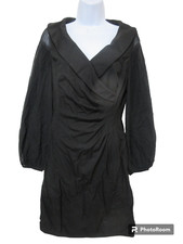 Sz 4 Tahari Black Side Ruched V-Neck Cocktail Sheath Mini Dress Balloon Sleeve