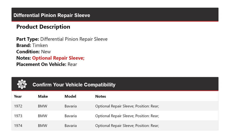Manguito de reparación de piñón diferencial Timken 1973 1973 para BMW Bavaria 1972-1974 Foto 2 de 4