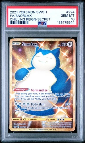 2021 POKEMON SWORD & SHIELD CHILLING REIGN SECRET #224 FULL ART/SNORLAX PSA 10