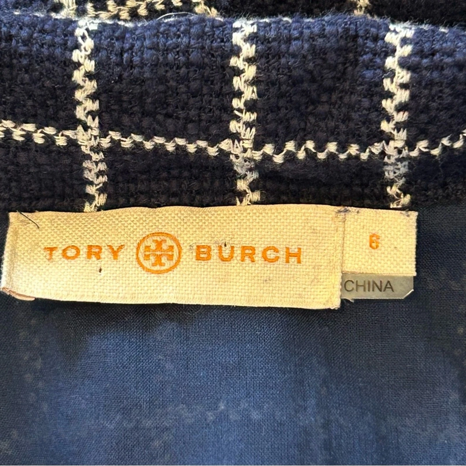Abito Tory Burch blu navy Carlsbad tweed con frange taglia 6