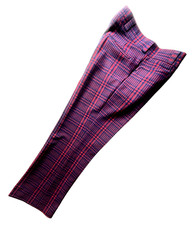 Impact 70s VTG Polyester Disco Knit Red Blue Check 34x29 Bell Bottom Slacks Pant