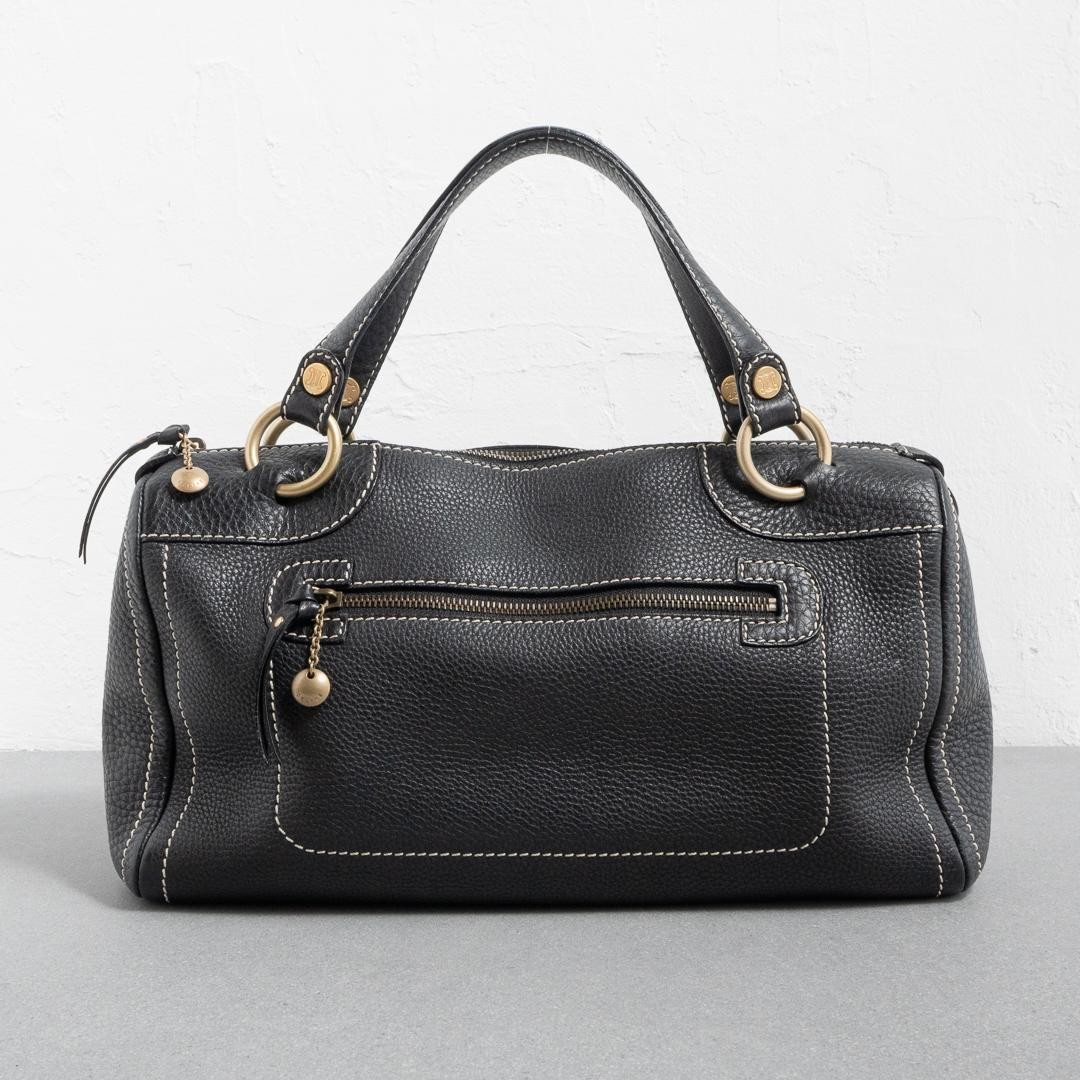 Celine Vintage Boston Bag Black Leather Gold Triomphe Logo Rare B Condition