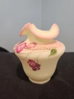 FENTON GEORGE FENTON SIGNED BURMESE PLEATED VASE w PURPLE FLORAL DESIGN