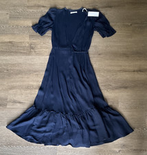 Reformation Sur Wrap Midi Dress V-Neck Puff Short Sleeve Ruffle Hem Navy Small 