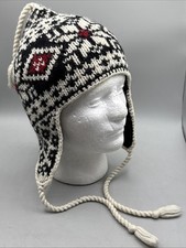 Lands End wool lined ear flapped beanie hat Black White Print