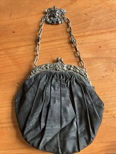 Antique Art Nouveau Purse 900 Silver Frame Black Handbag Floral Cherub Face