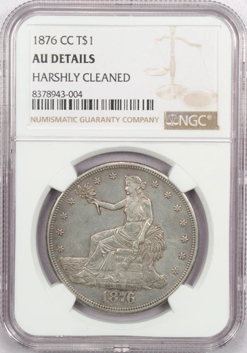 1876-CC Trade Silver Dollar $1, NGC AU Details Harsh Cleaned, About Uncirculated