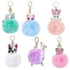 Framendino 6 Pack Animal Pom Pom Keychain Cute Faux Fur Fuzzy Ball for Girls
