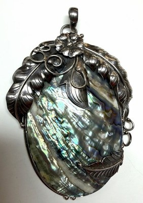 Huge Sterling Silver Abalone Native American Leaf Flower Pendant 53.1g