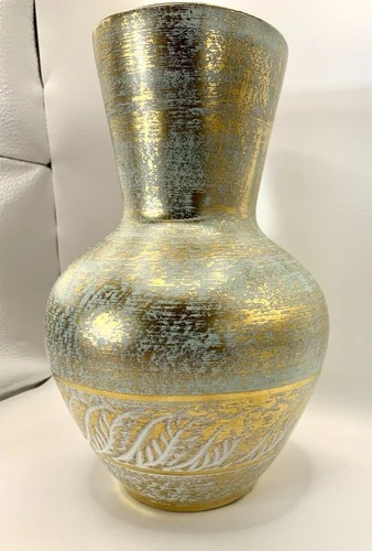STANGL POTTERY ANTIQUE GOLD & TURQUOISE AQUA 9 1/4"H X 3 3/4"W VASE LEAF PAT