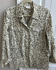 Chico's Leopard Jacket Sz 1 M 8 Green Beige Stretch Comfort Sequin Trim Pocket