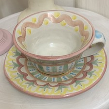 Vintage Mackenzie Childs Hand Painted Ceramic Tea Cup Set Maker's Mark Stamped