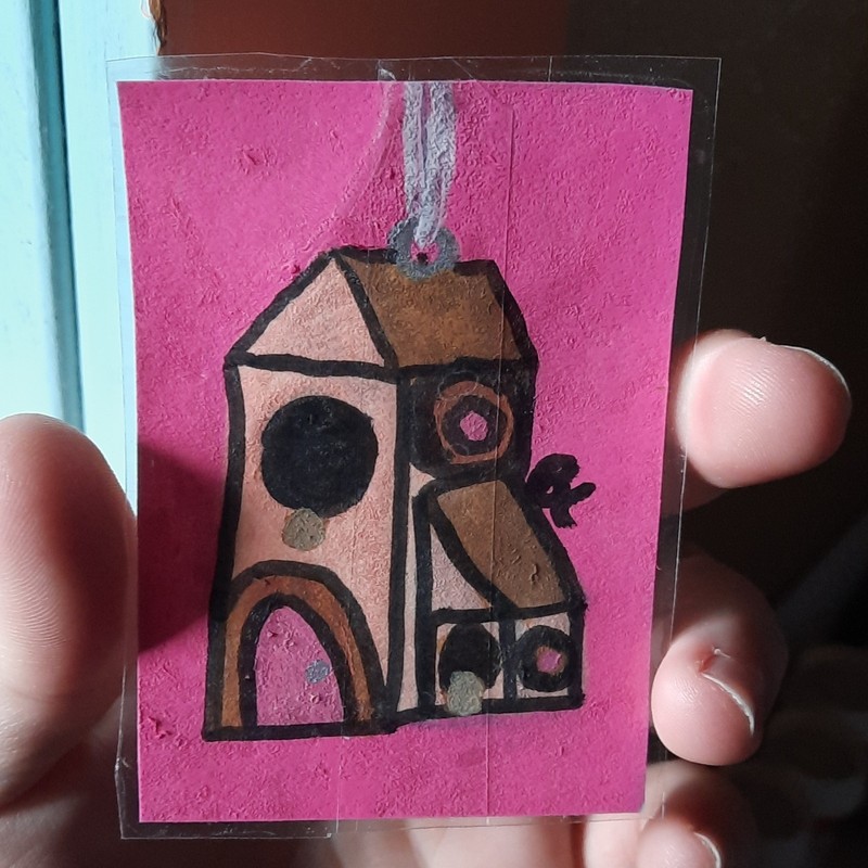 Joined pink hanging Birdhouse painting laminated ooak art card aceo atc
