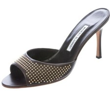  975 New MANOLO BLAHNIK Brown Leather Stud ASTUTA Slide SANDALS HEELS SHOES 39.5