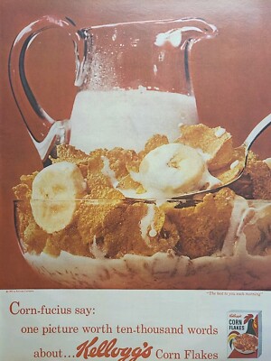 Kellogg's Corn Flakes Bowl Milk Pitcher Banana Corn-fucius Vintage Print Ad 1964