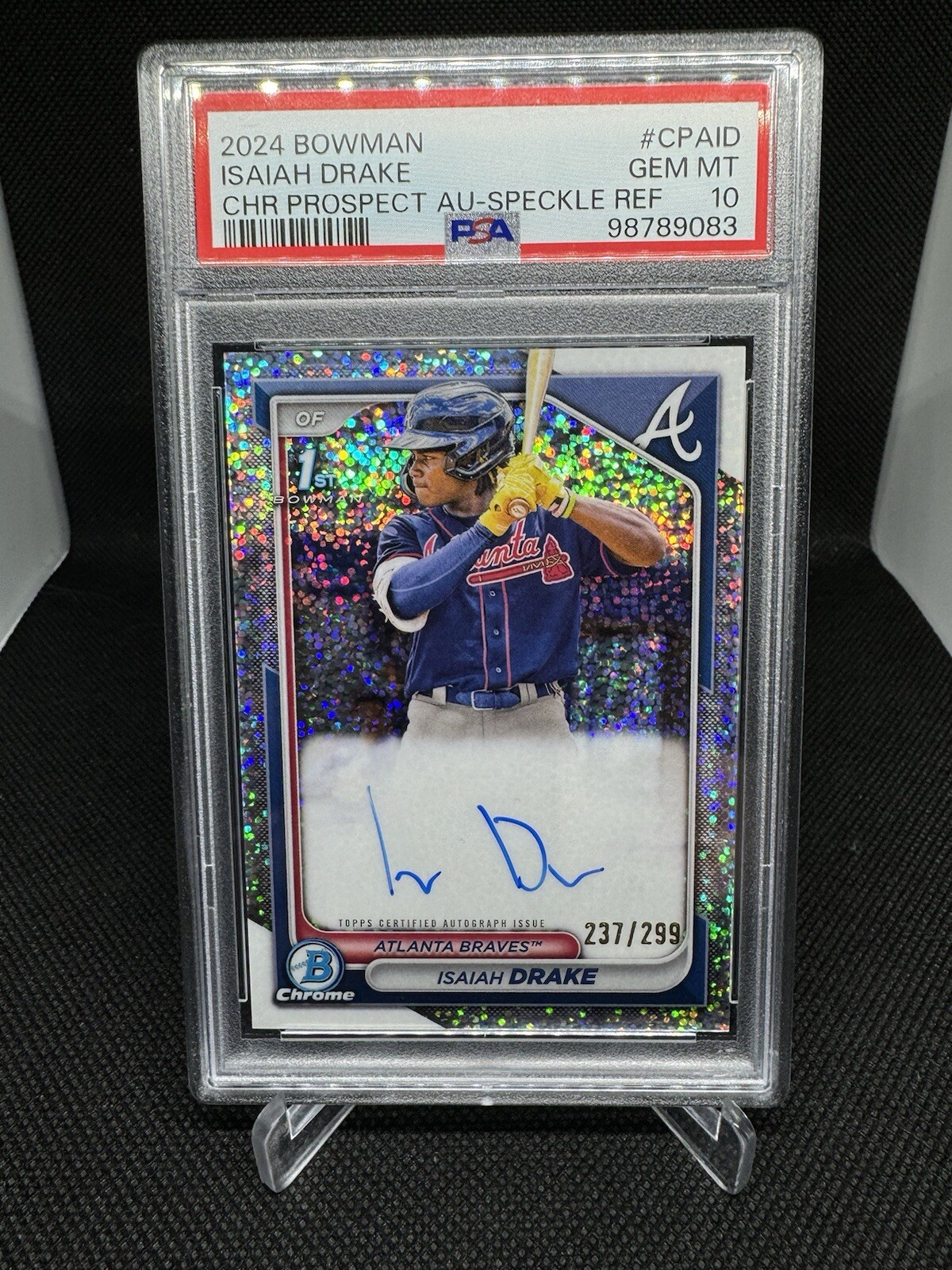 2024 Bowman Isaiah Drake Chrome Prospect Speckle Auto /299 #CPA-ID PSA 10