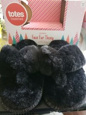 Totes Toasties Women's Memory Foam Slippers THONG Large 8-9 Black Faux Fur NIB