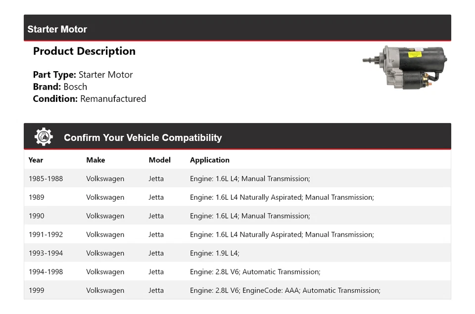 Arranque para Volkswagen Jetta Bosch 1985-1999 (remanufacturado) 1986 1987 1988 Foto 2 de 4