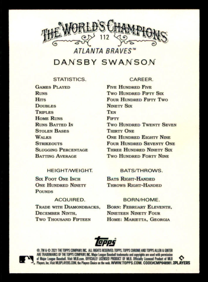 2021 Topps Allen and Ginter Chrome Refractors #112 Dansby Swanson (ref Y02284) - Image 2 of 2