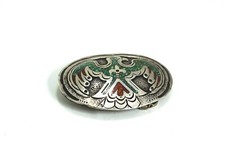 Native American Silver Crushed Turquoise Coral Inlay Thunderbird Belt Buckle, FN