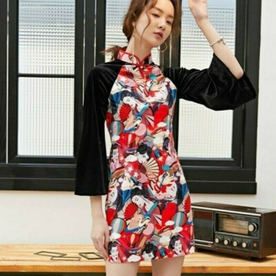 Damen Mädchen Samt Cheongsam Kleid Vintage Slim Harajuku Schlitz Qipao Chinese