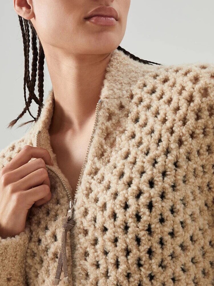 BRUNELLO CUCINELLI Soft Mesh Camel Silk Open Knit Cardigan