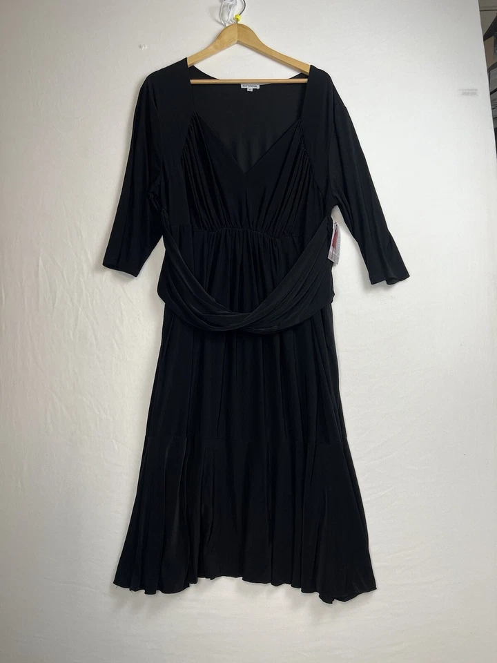 Vestido feminino Kiyonna 3XL preto malha maxi drapeada cintura gola V elástico manga 3/4 - Imagem 2 de 4