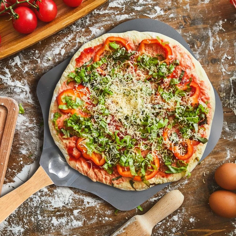 Sartenes para macetas metal cáscara de pizza 12x14 pulgadas paleta de pizza plegable con cortador basculante ☋ Foto 4 de 4