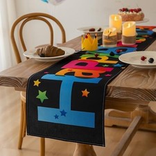 Happy Birthday Table Runner Birthday Party Decorations 72"x13" Black star