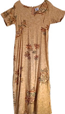 Dress, Long, Zipper, Beige Floral Batik, MD, Rayon, Hand Made, 49" Length