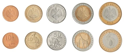 South Sudan 10 Piasters - 2 Pounds 5 Pieces Set, 2015, KM #1-5, Mint