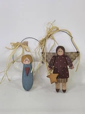Lot of 2 Primitive Country Angel Wood Metal Christmas Signed 97 Folk Art Cabin