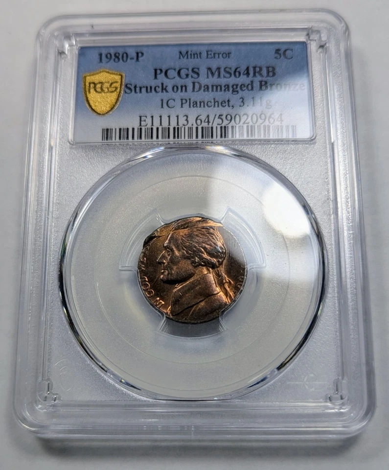 1980-P Jefferson Nickel Mint Error Struck On Damaged Cent PCGS MS64RB Very Rare! - Image 3 of 4