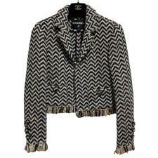 CHANEL Chevron Fringe Cropped Tweed Jacket Size 38 Navy Off-White Women USED