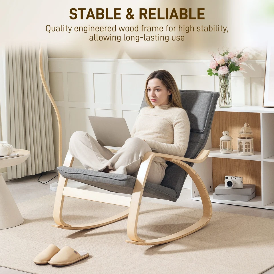 HOMCOM Comfortable Relax Rocking Chair with High Back, Curved Wooden Frame, Grey - Image 4 of 4