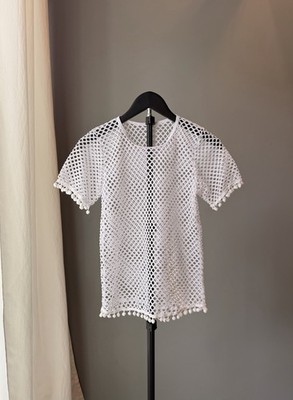 White Mesh Beach Cover Up Top Size XS Boho Chic Vacation Crochet Festival PomPom