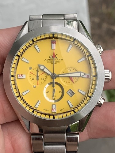 Adee Kaye Chronograph Men’s Yellow Dial Watch Stainless Steel Band