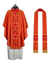 Red Gothic Chasuble Vestment with Sacred Heart Embroidery - Church Vestment