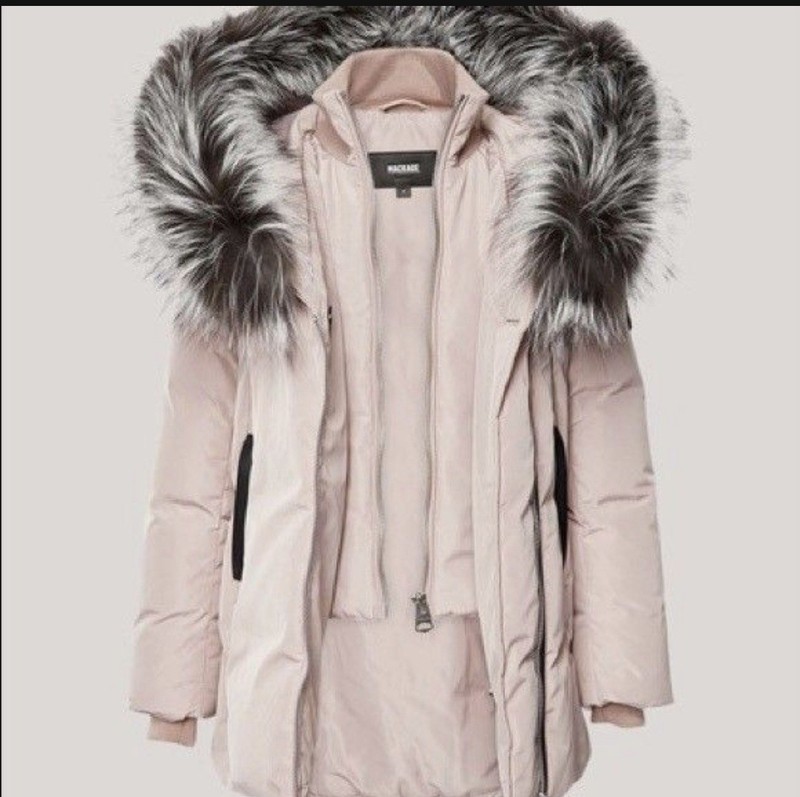 Mackage Kay Women's Pink Hooded Fur Trim Down Zip Mid-Length Parka Coat M