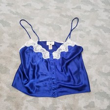 VTG Victoria's Secret Camisole Women Medium Blue Satin Lace Baby Doll Gold Label