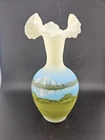 Fenton Satin Glass~Mountain Reflections~Handpainted Ruffled Rim Vase UV Reactive