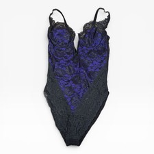 Vtg 80s Victoria s Secret Teddy Black Lace Purple Lining Sz Medium