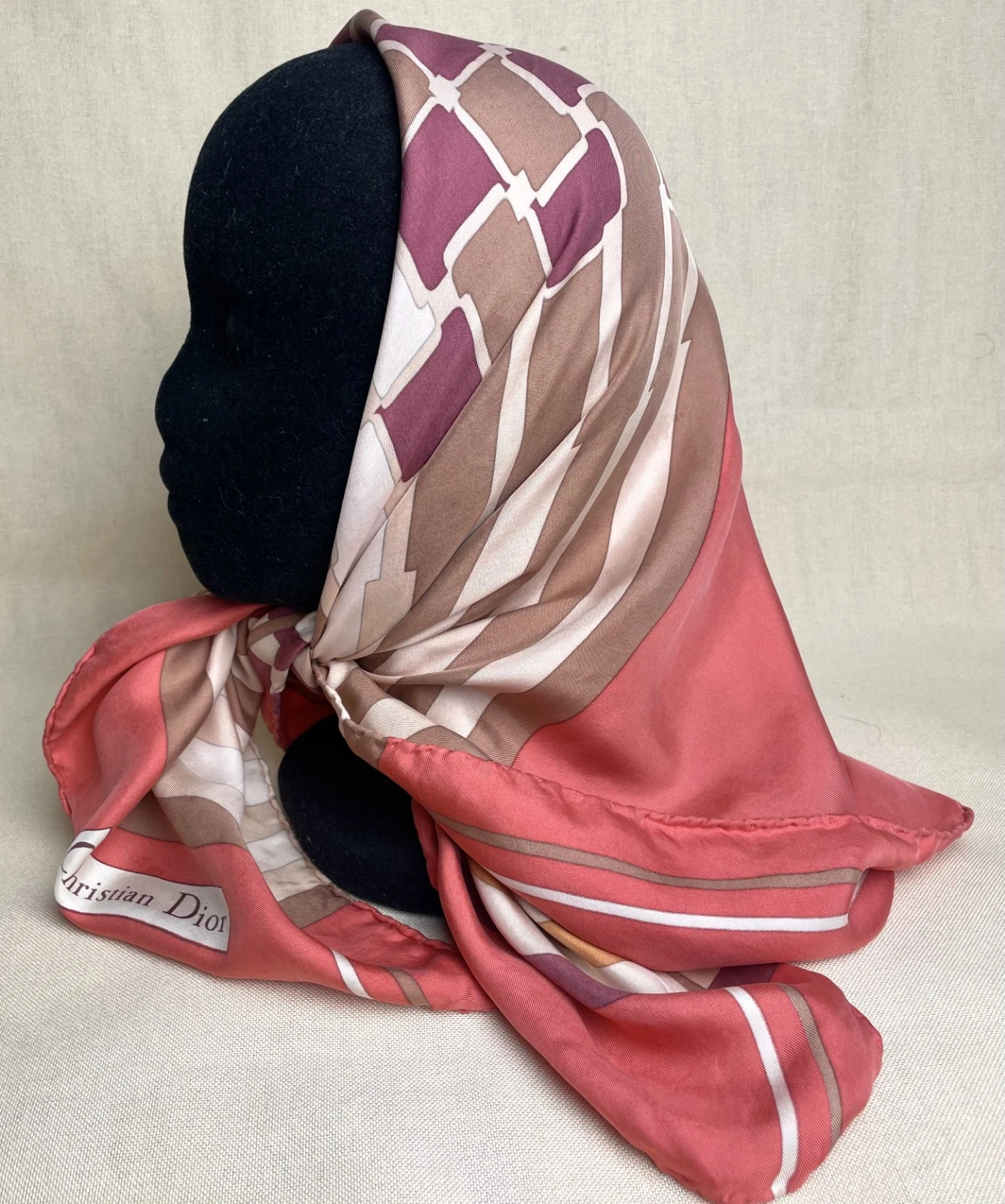 Foulard Christian Dior grand logo rayé marron clair 