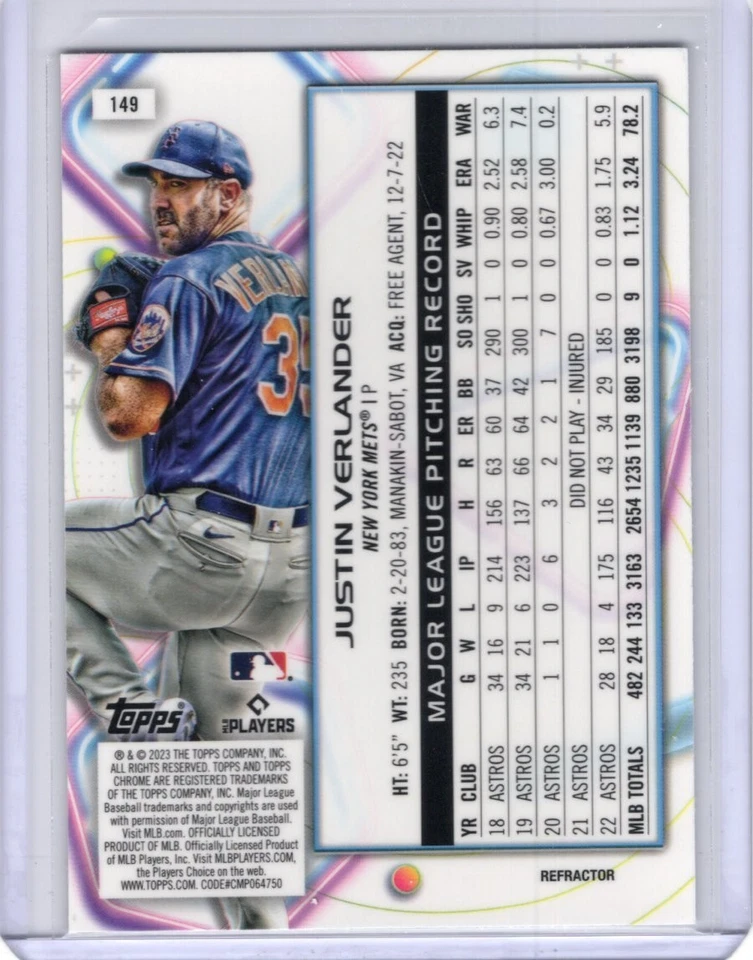 Justin Verlander 2023 Topps Cosmic Chrome Refractor Card #149 - Image 2 of 2